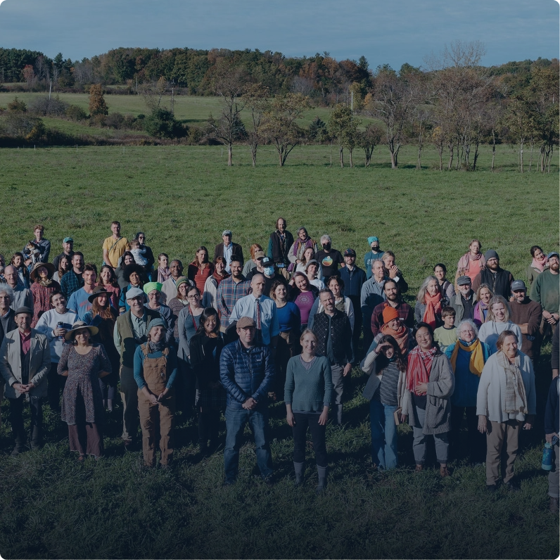 a group drone photo of Hawthorne Valley staff