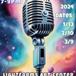 Loki's open mic night poster. The info is written on it with the image being a cartoon galaxy background and cartoon old fashioned microphone